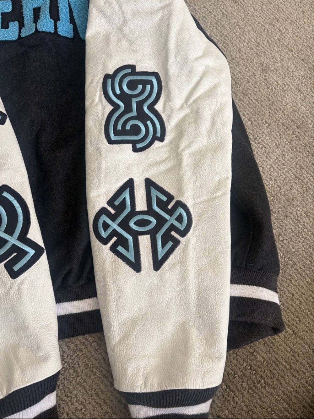 Black and White Varsity Jacket with Blue Appliqué - Picture 6 of 15